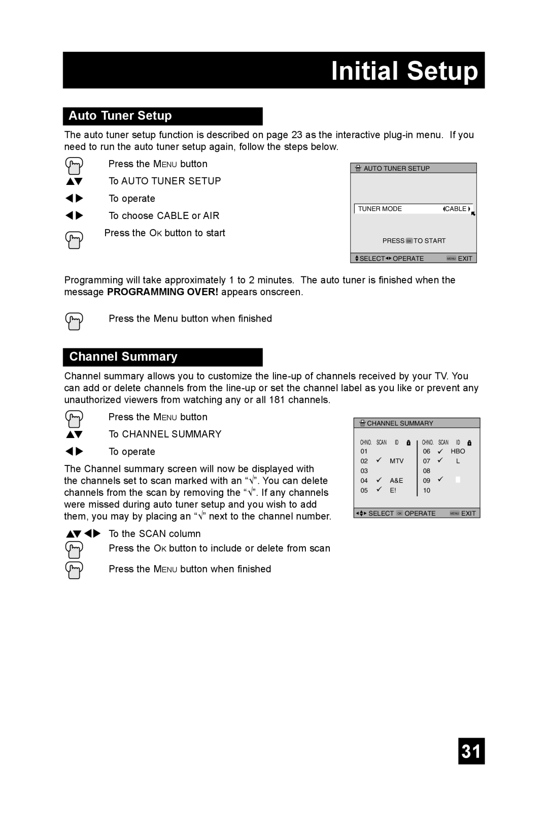 JVC AV 48P575, AV 56P575, AV-56P585 manual Initial Setup, Auto Tuner Setup, Channel Summary 