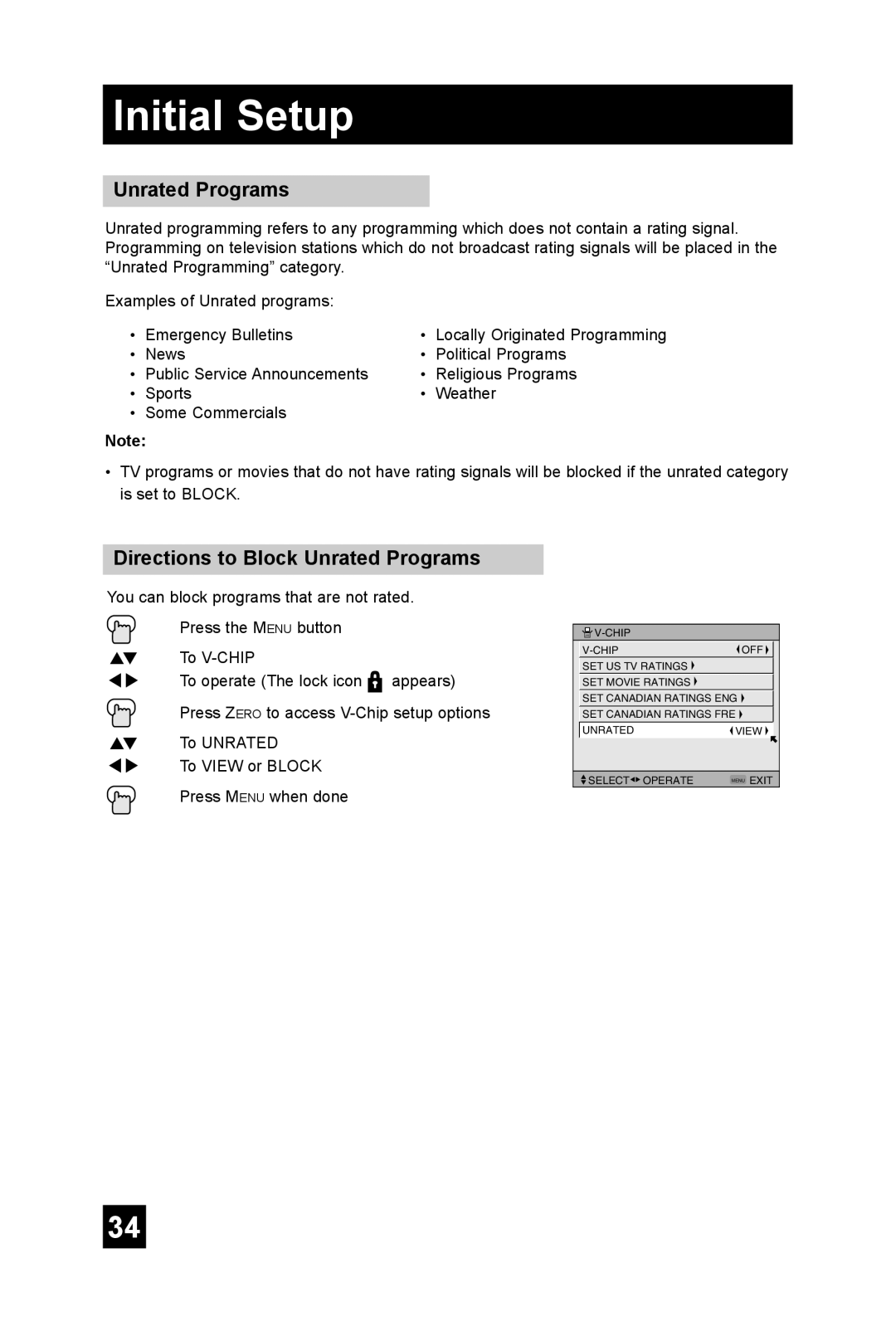 JVC AV 48P575, AV 56P575, AV-56P585 manual Directions to Block Unrated Programs 