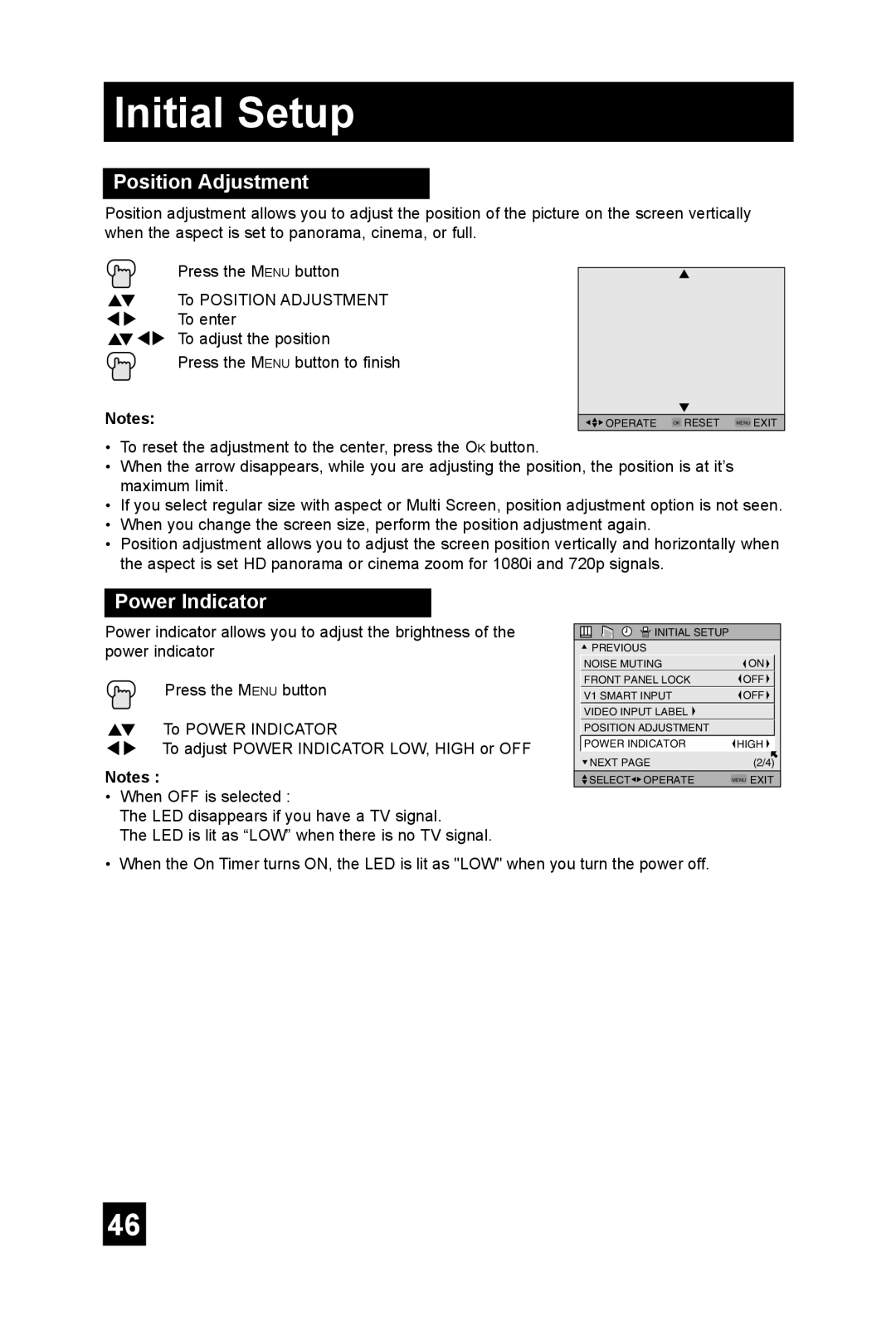 JVC AV 48P575, AV 56P575, AV-56P585 manual Position Adjustment, Power Indicator 