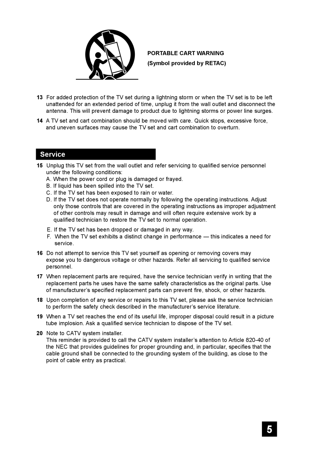 JVC AV-56P585, AV 56P575, AV 48P575 manual Service, Portable Cart Warning Symbol provided by Retac 