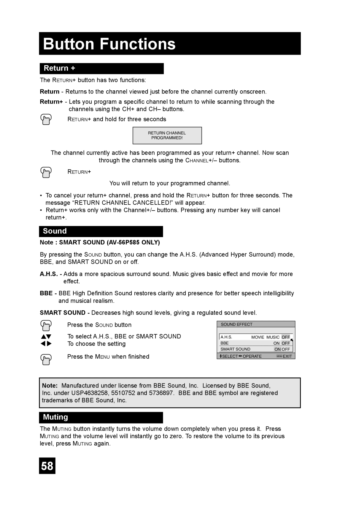 JVC AV 48P575, AV 56P575, AV-56P585 manual Return +, Sound, Muting 