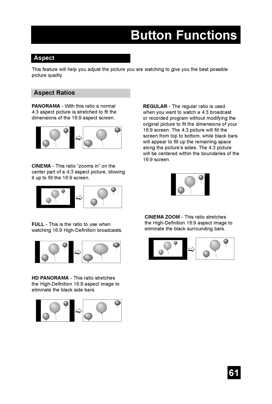 JVC AV 48P575, AV 56P575, AV-56P585 manual Aspect Ratios 