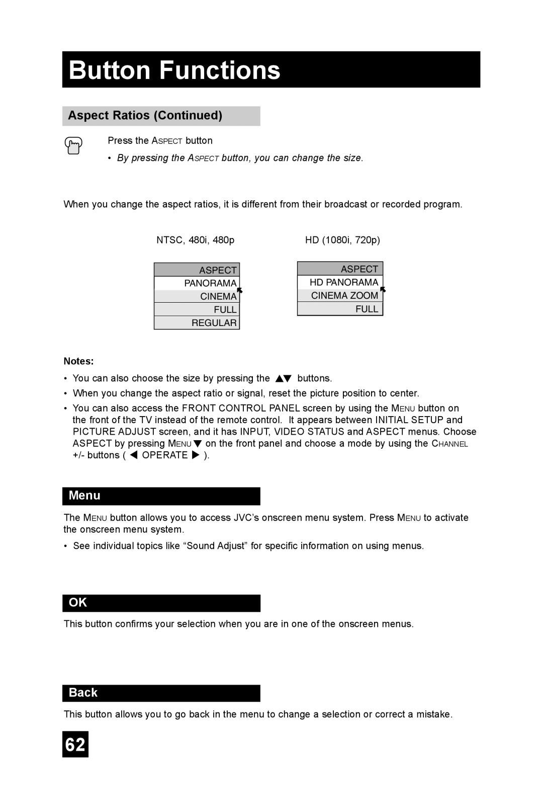 JVC AV-56P585, AV 56P575, AV 48P575 manual Menu, Back 