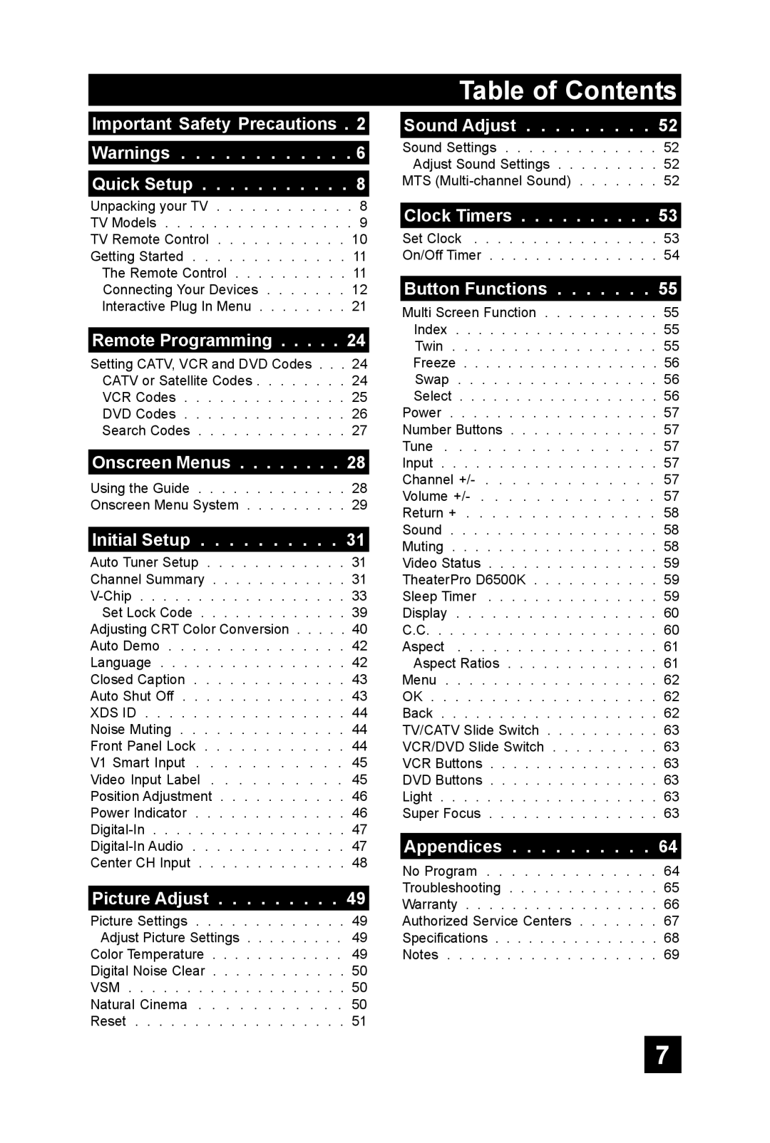 JVC AV 48P575, AV 56P575, AV-56P585 manual Table of Contents 