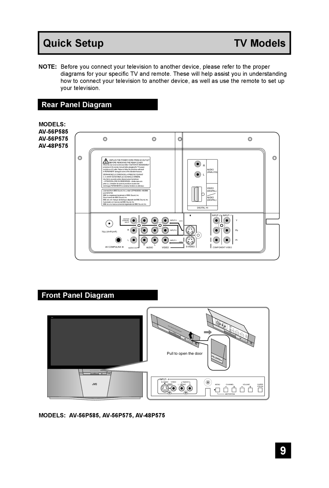 JVC AV 56P575, AV 48P575 manual Rear Panel Diagram, Front Panel Diagram, AV-56P585 AV-56P575 AV-48P575 