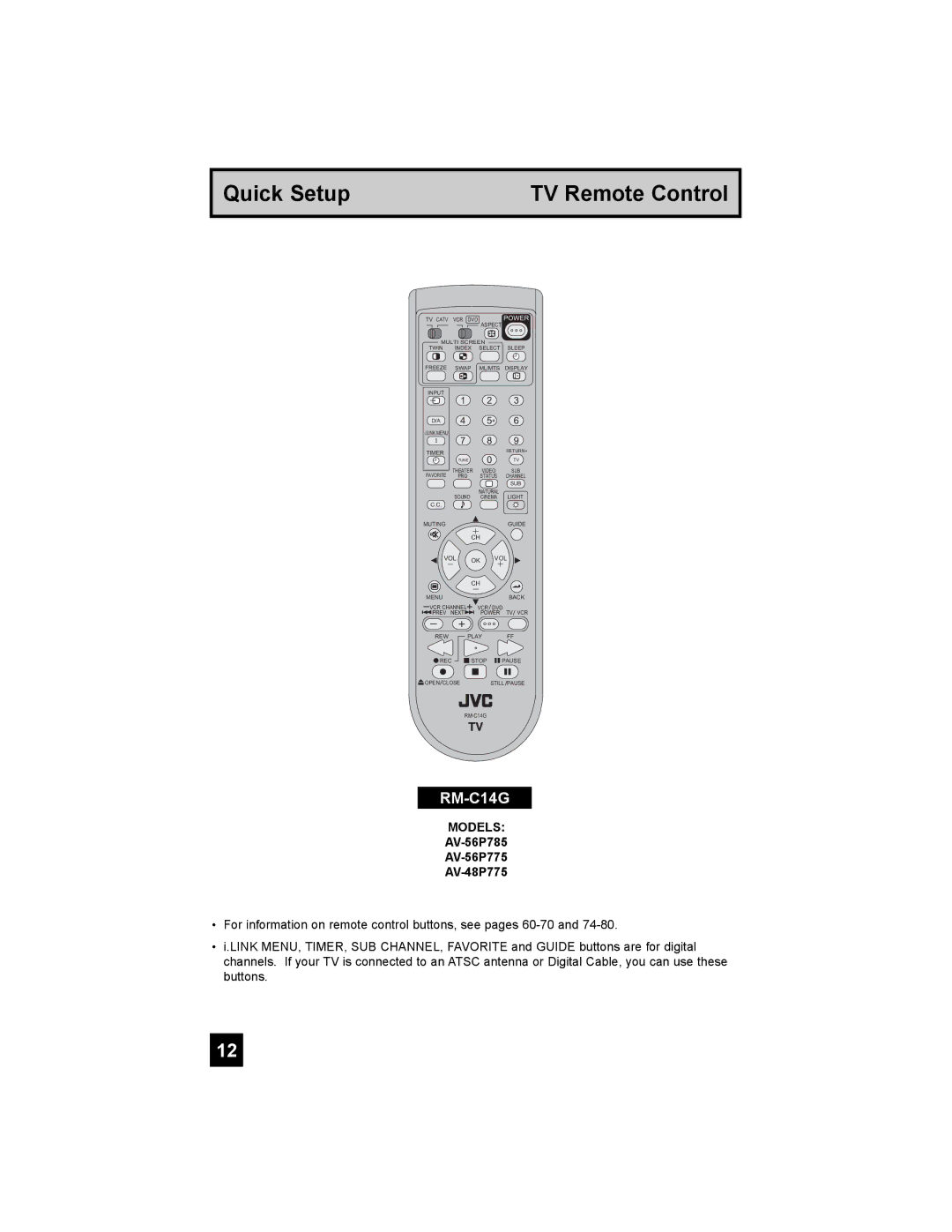 JVC AV 56P775, AV 48P775, AV-56P785, AV-56P775, AV-48P775 manual Quick Setup TV Remote Control 