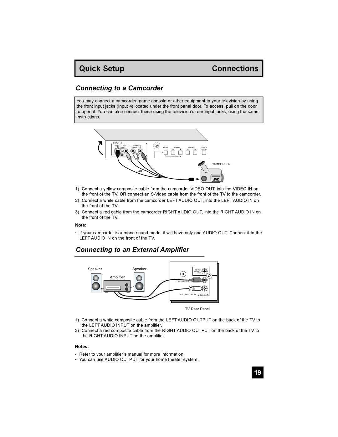 JVC AV 48P775, AV 56P775, AV-56P785, AV-56P775, AV-48P775 Connecting to a Camcorder, Connecting to an External Amplifier 