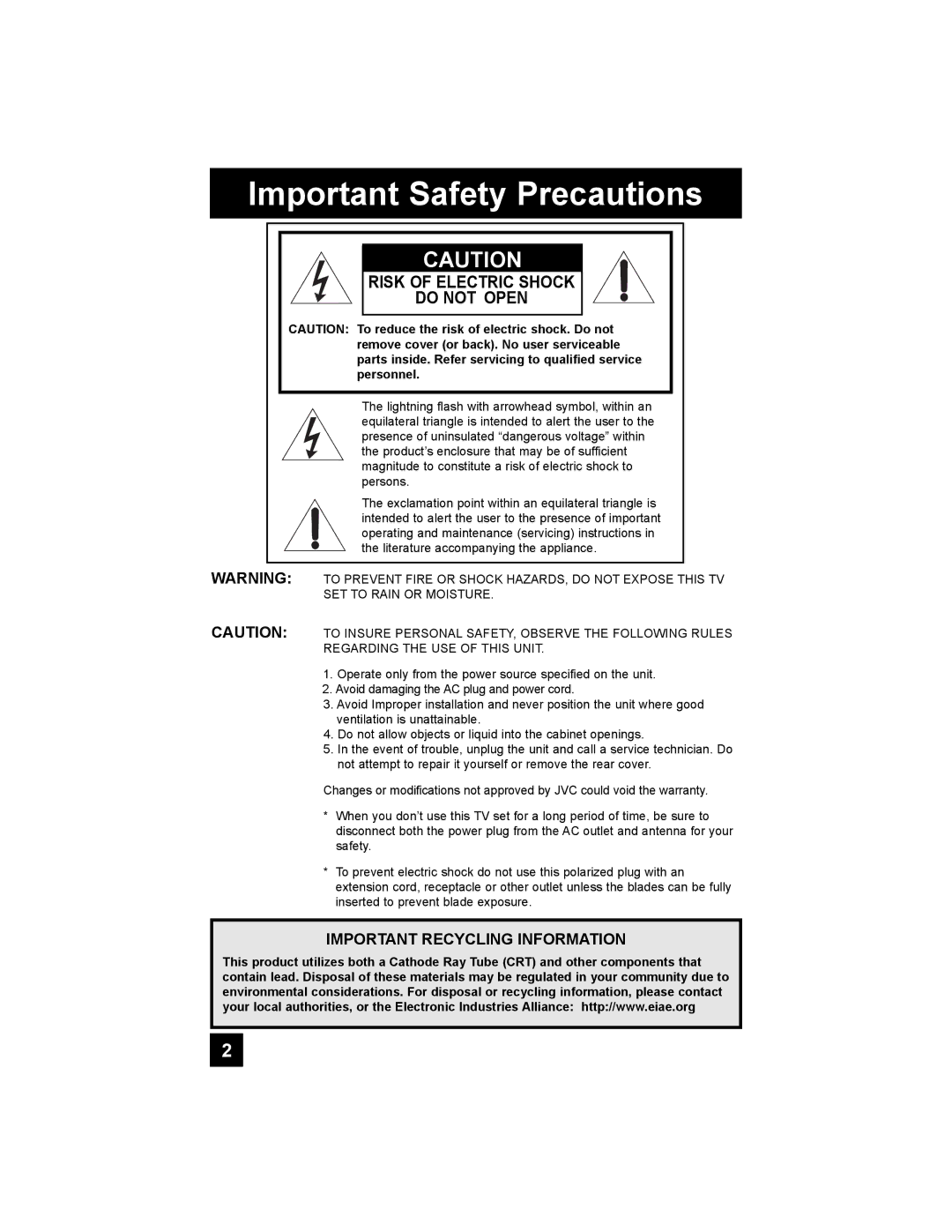 JVC AV-56P785, AV-56P775, AV-48P775, AV 56P775, AV 48P775 Important Safety Precautions, Risk of Electric Shock Do not Open 