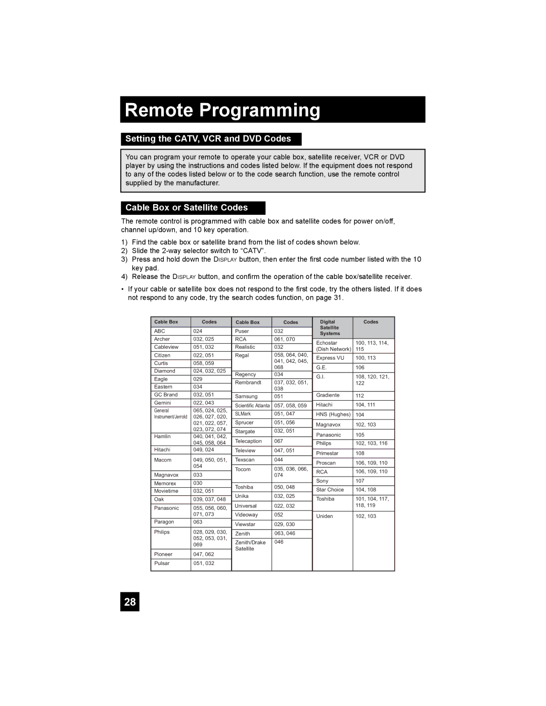 JVC AV 48P775, AV 56P775 manual Remote Programming, Setting the CATV, VCR and DVD Codes, Cable Box or Satellite Codes 