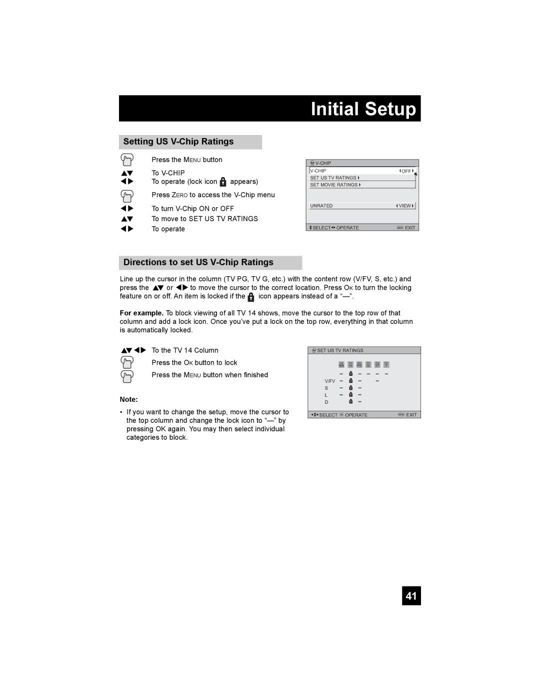 JVC AV-56P785, AV-56P775, AV-48P775, AV 56P775, AV 48P775 Setting US V-Chip Ratings, Directions to set US V-Chip Ratings 