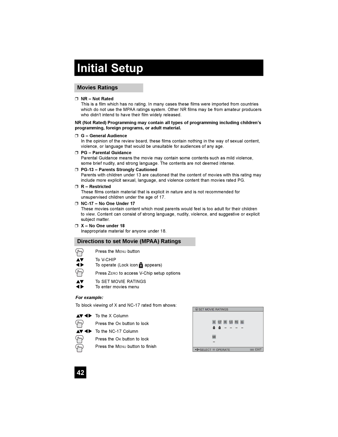 JVC AV 56P775, AV 48P775, AV-56P785, AV-56P775, AV-48P775 manual Movies Ratings, Directions to set Movie Mpaa Ratings 