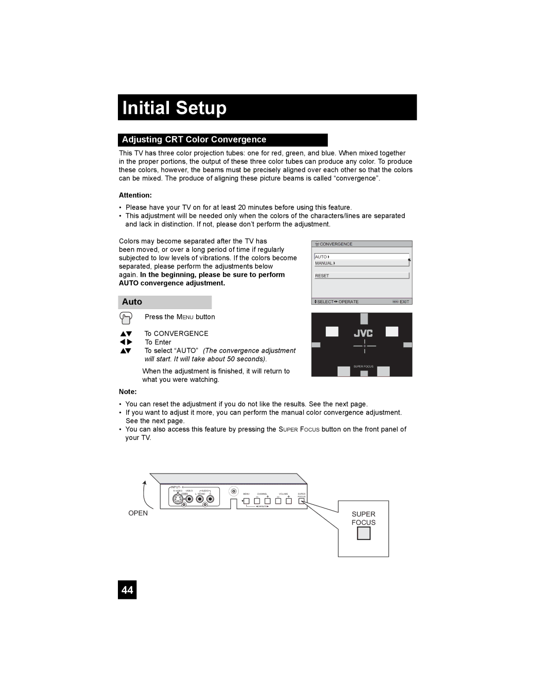 JVC AV-56P785, AV-56P775, AV-48P775, AV 56P775, AV 48P775 Adjusting CRT Color Convergence, Auto convergence adjustment 