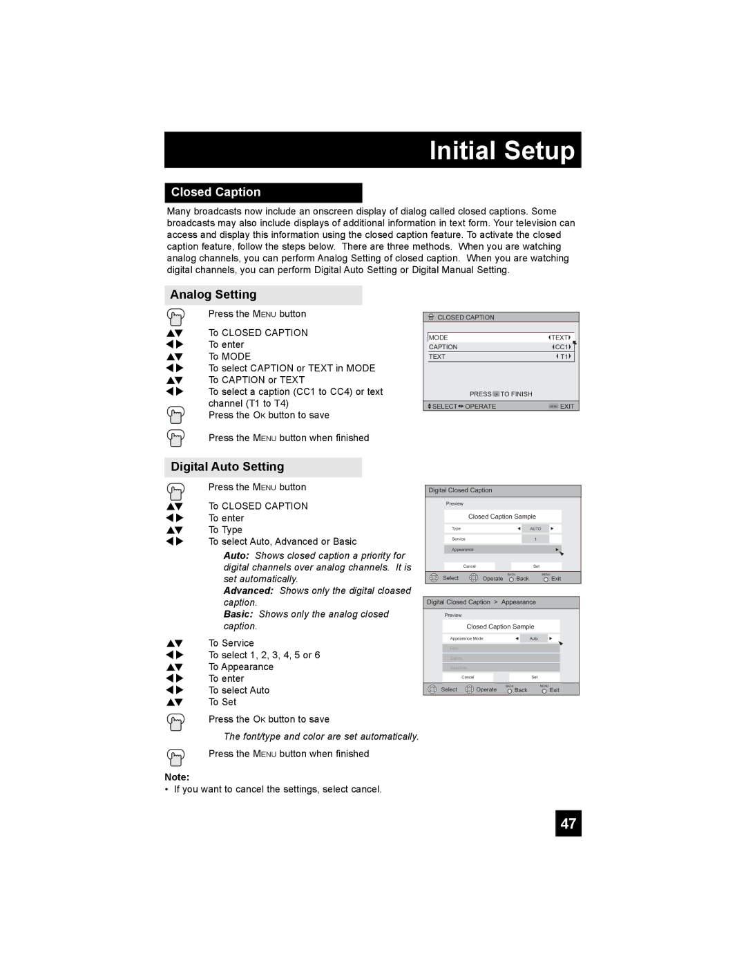 JVC AV-56P785, AV-56P775, AV-48P775, AV 56P775, AV 48P775 manual Closed Caption, Analog Setting, Digital Auto Setting 