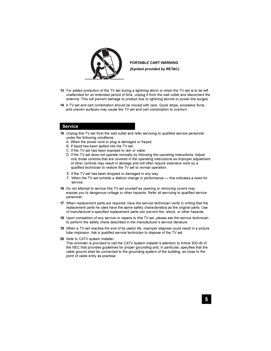 JVC AV-56P785, AV-56P775, AV-48P775, AV 56P775, AV 48P775 manual Service, Portable Cart Warning Symbol provided by Retac 