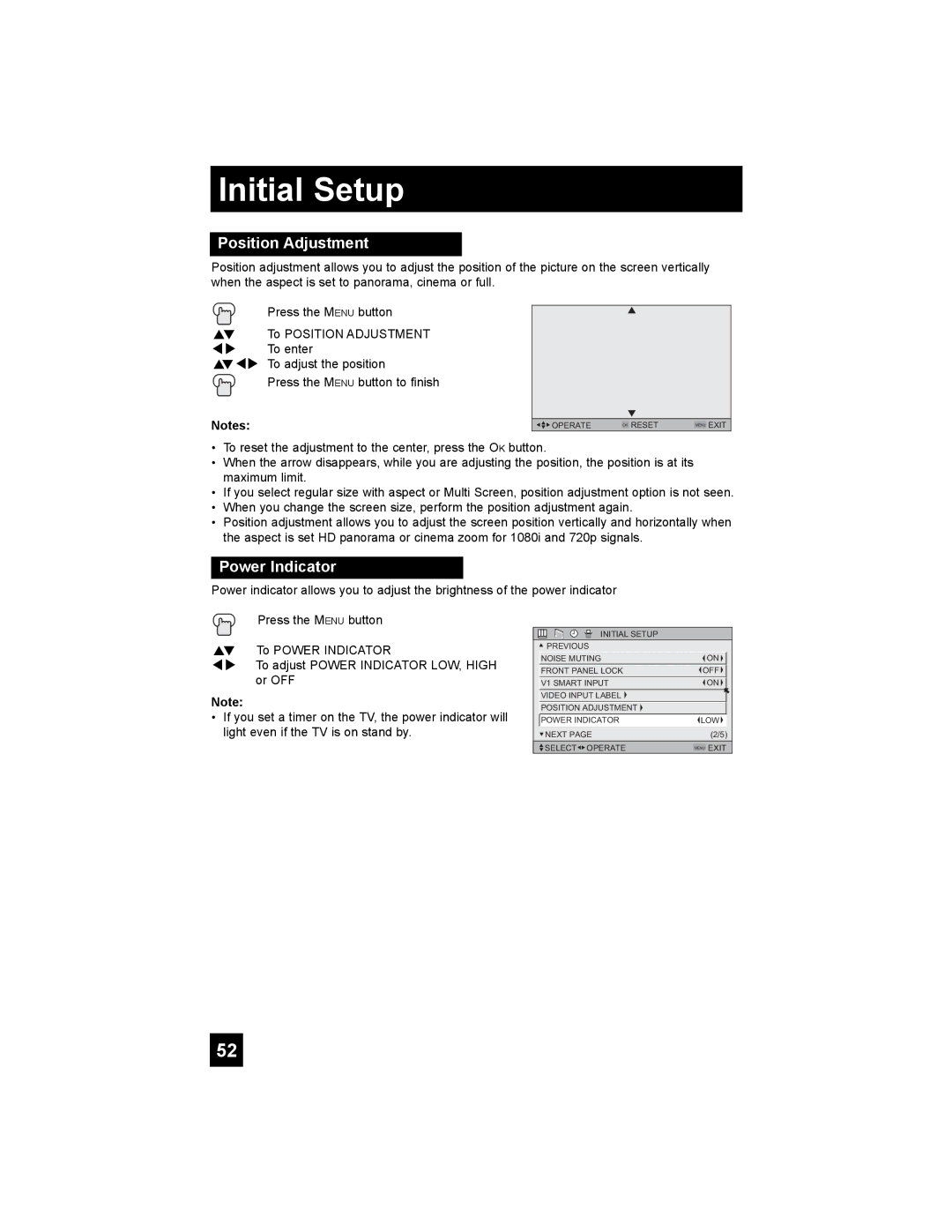 JVC AV 48P775, AV 56P775, AV-56P785, AV-56P775, AV-48P775 manual Position Adjustment, Power Indicator 