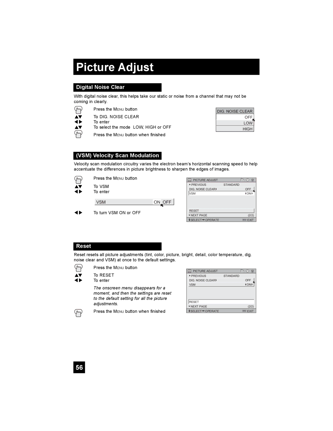 JVC AV-56P785, AV-56P775, AV-48P775, AV 56P775, AV 48P775 manual Digital Noise Clear, VSM Velocity Scan Modulation, Reset 