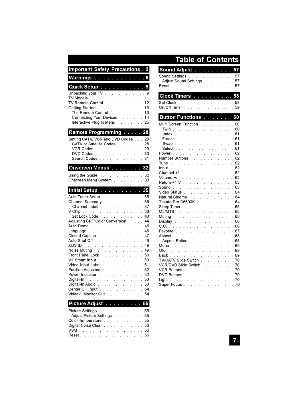 JVC AV 48P775, AV 56P775, AV-56P785, AV-56P775, AV-48P775 manual Table of Contents 