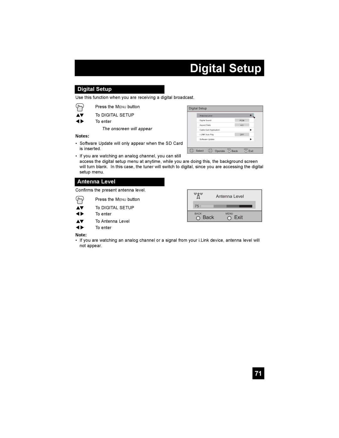 JVC AV-56P785, AV-56P775, AV-48P775, AV 56P775, AV 48P775 manual Digital Setup, Antenna Level 