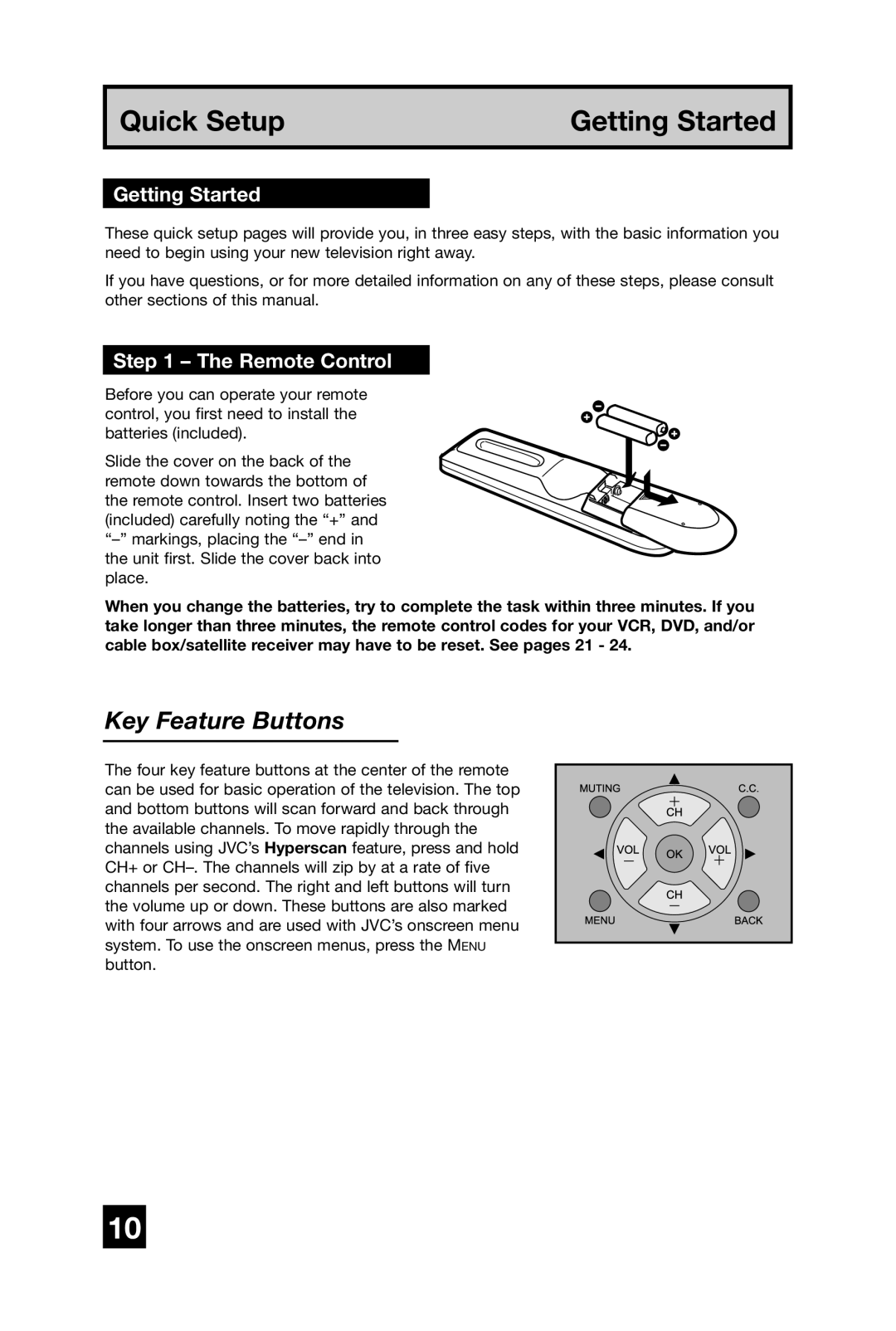 JVC AV 65WP74, AV 56WP74, AV 48WP74 manual Key Feature Buttons, Getting Started, Remote Control 