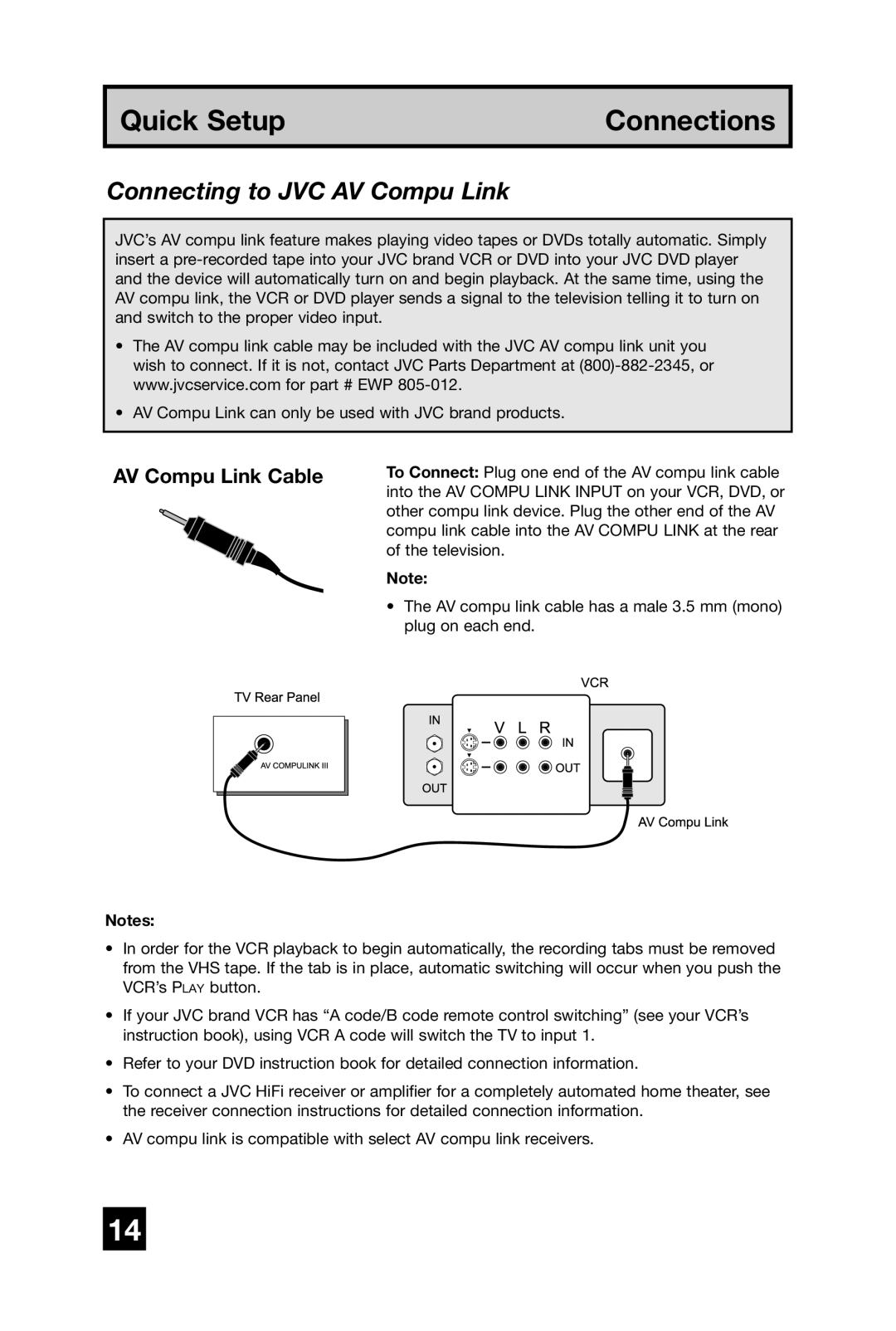 JVC AV 48WP74, AV 56WP74, AV 65WP74 manual Connecting to JVC AV Compu Link, AV Compu Link Cable 