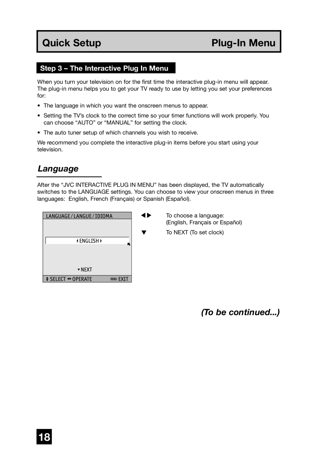 JVC AV 56WP74, AV 65WP74, AV 48WP74 manual Language, To be, Interactive Plug In Menu 