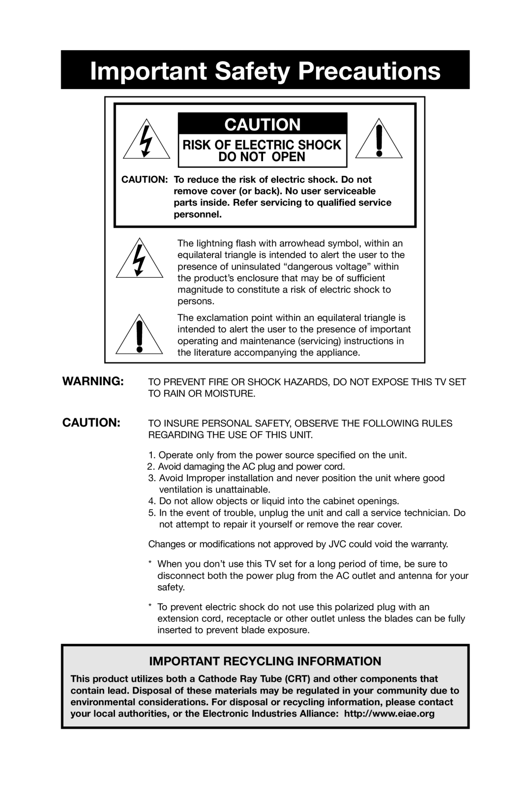 JVC AV 48WP74, AV 56WP74, AV 65WP74 manual Important Safety Precautions, Risk of Electric Shock Do not Open 