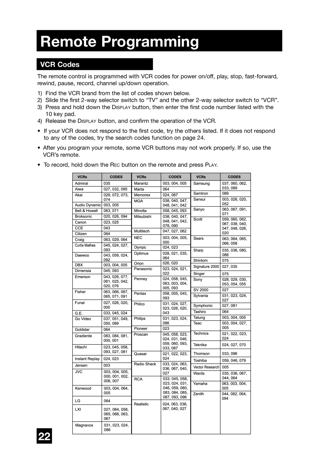 JVC AV 65WP74, AV 56WP74, AV 48WP74 manual VCR Codes 