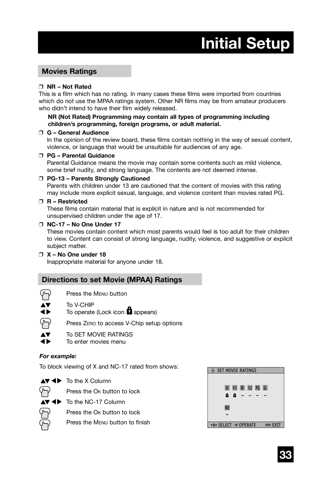 JVC AV 56WP74, AV 65WP74, AV 48WP74 manual Movies Ratings, Directions to set Movie Mpaa Ratings 