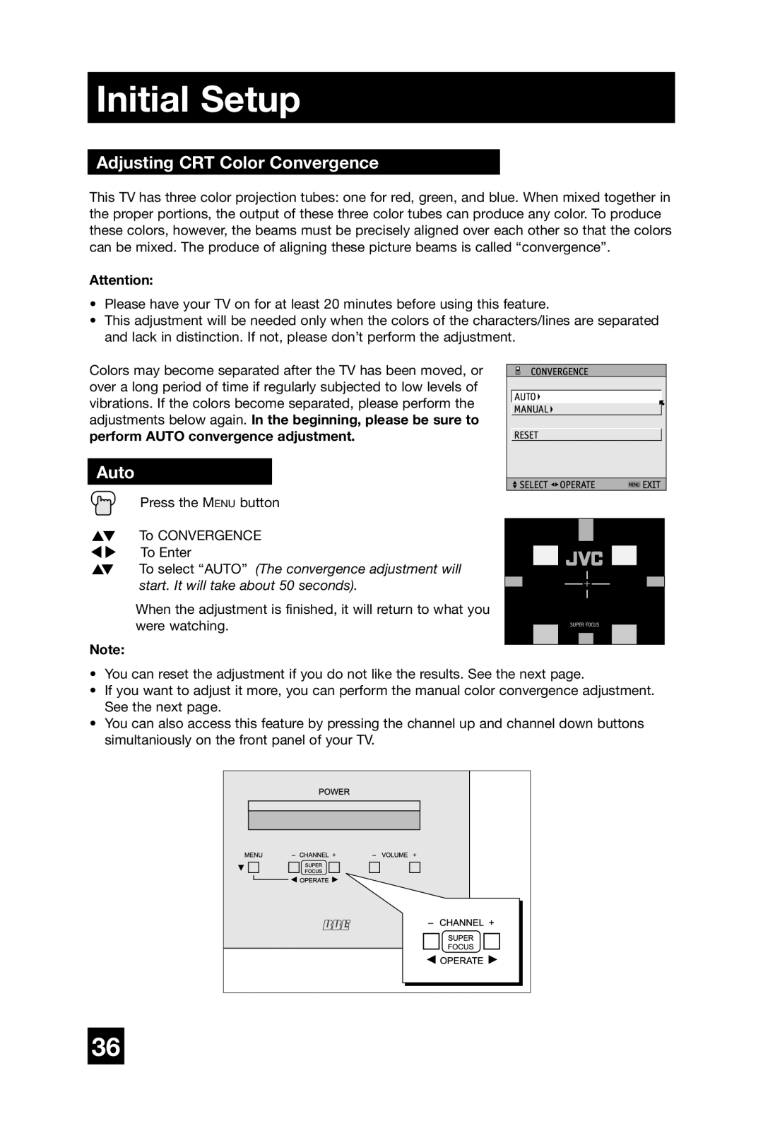 JVC AV 56WP74, AV 65WP74, AV 48WP74 manual Adjusting CRT Color Convergence, Auto 