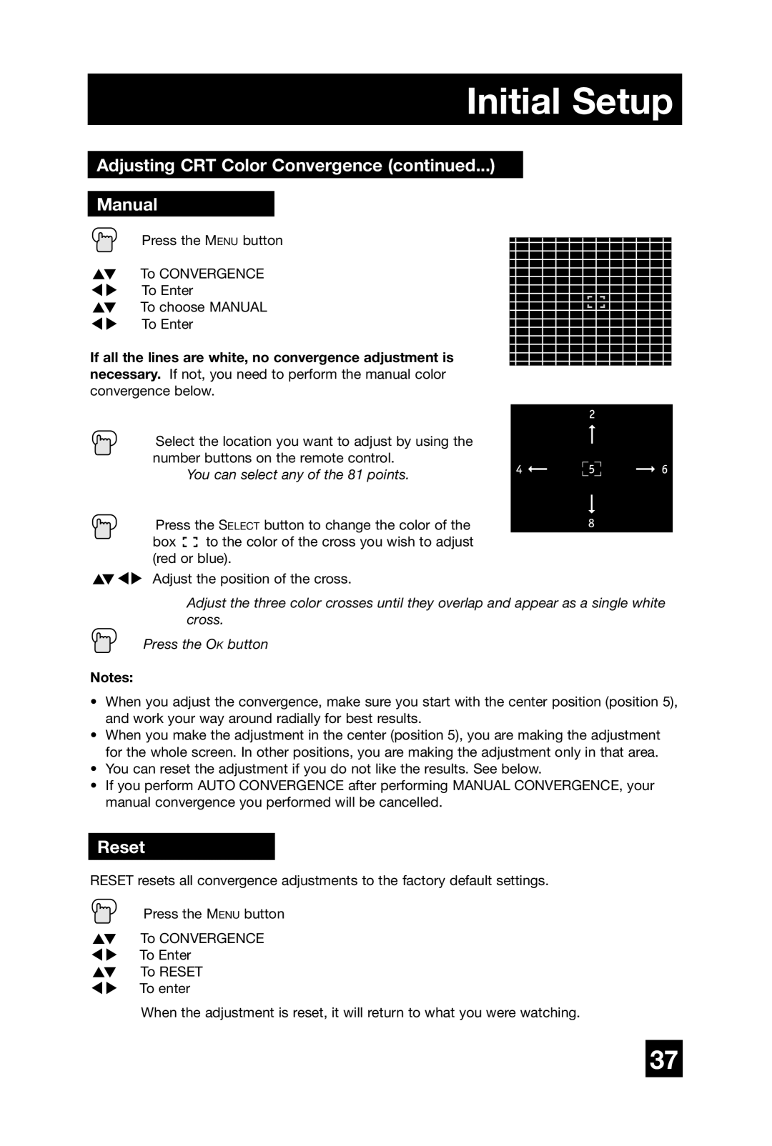 JVC AV 65WP74, AV 56WP74, AV 48WP74 manual Adjusting CRT Color Convergence Manual, Reset 