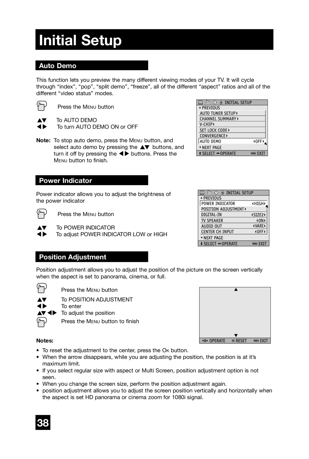 JVC AV 48WP74, AV 56WP74, AV 65WP74 manual Auto Demo, Power Indicator, Position Adjustment 