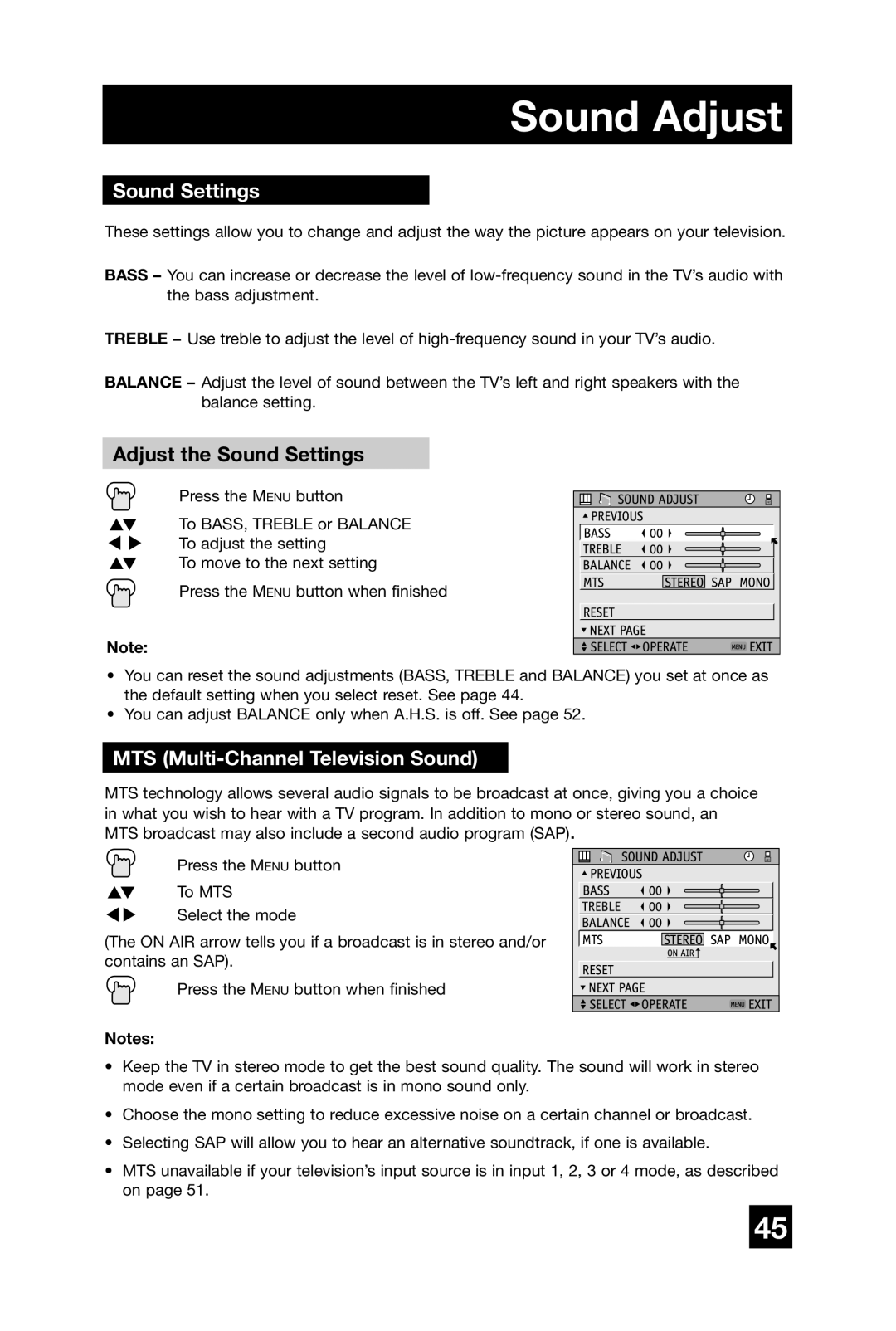 JVC AV 56WP74, AV 65WP74, AV 48WP74 manual Sound Adjust, Adjust the Sound Settings, MTS Multi-Channel Television Sound 