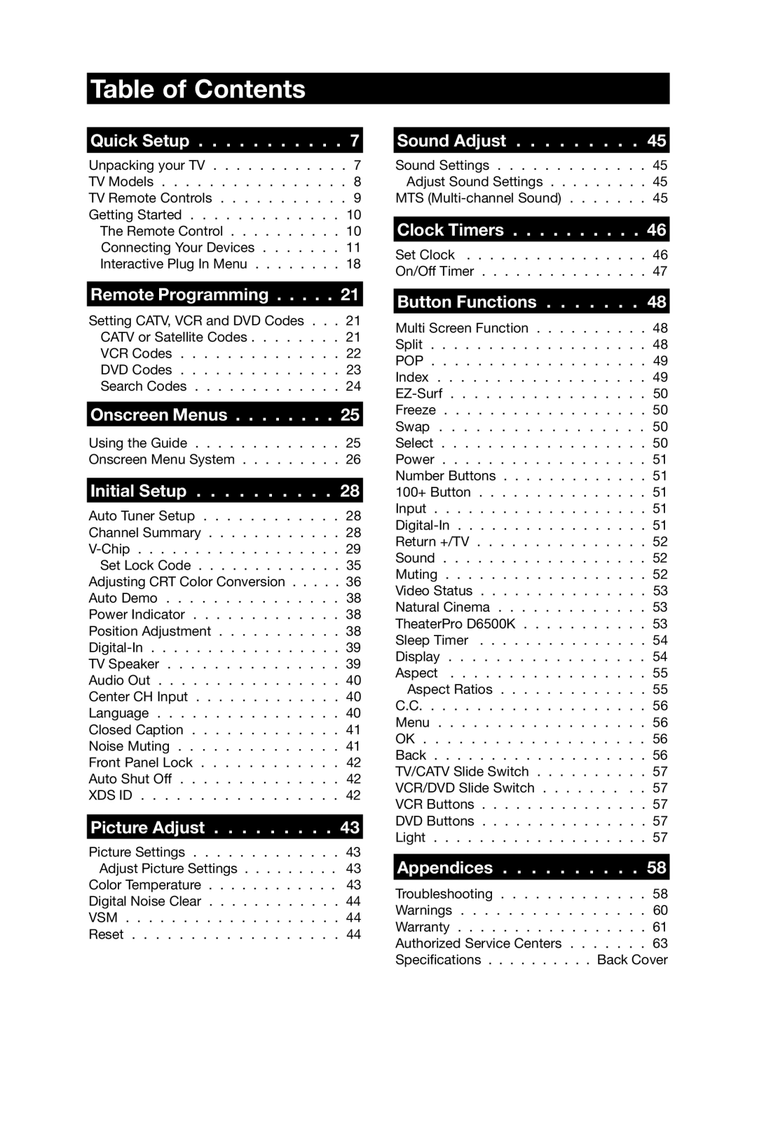 JVC AV 56WP74, AV 65WP74, AV 48WP74 manual Table of Contents 