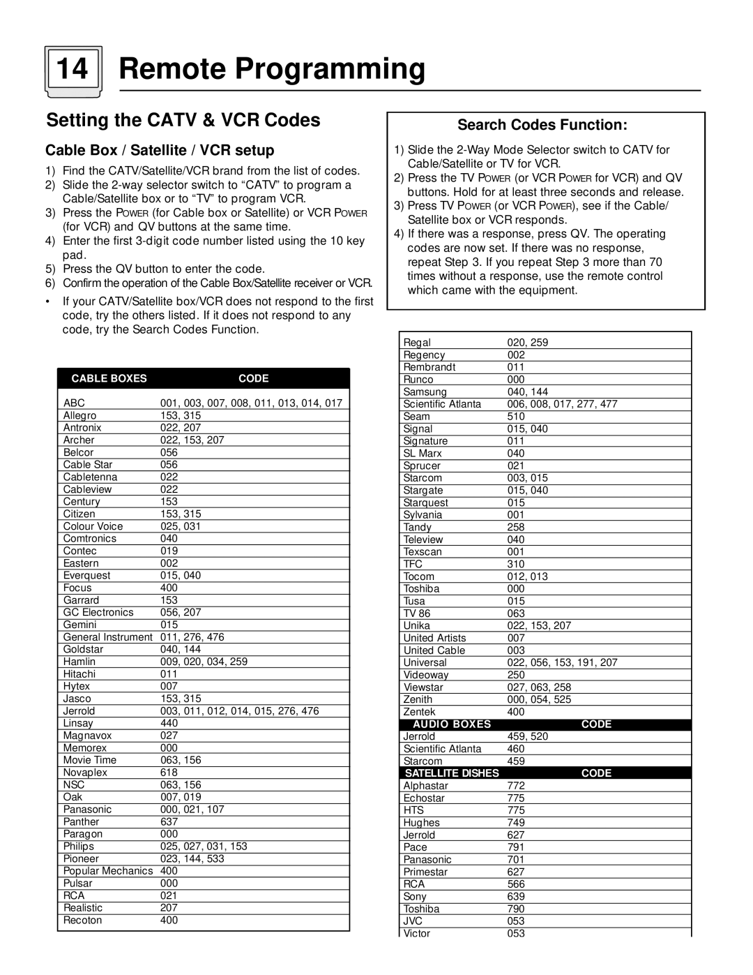 JVC AV 60D501 manual Remote Programming, Setting the Catv & VCR Codes 