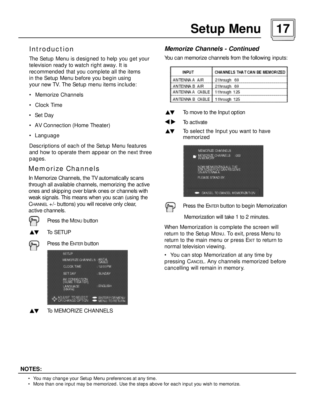 JVC AV 60D501 manual Setup Menu, Introduction, Memorize Channels 