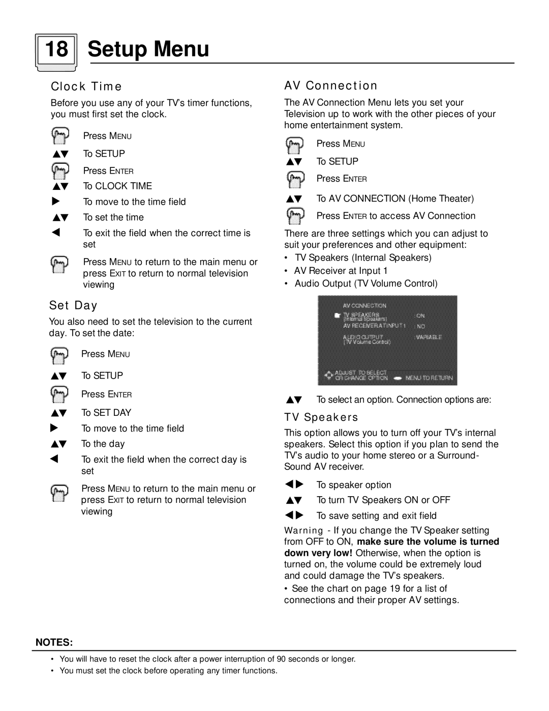 JVC AV 60D501 manual Clock Time, AV Connection, Set Day, TV Speakers 