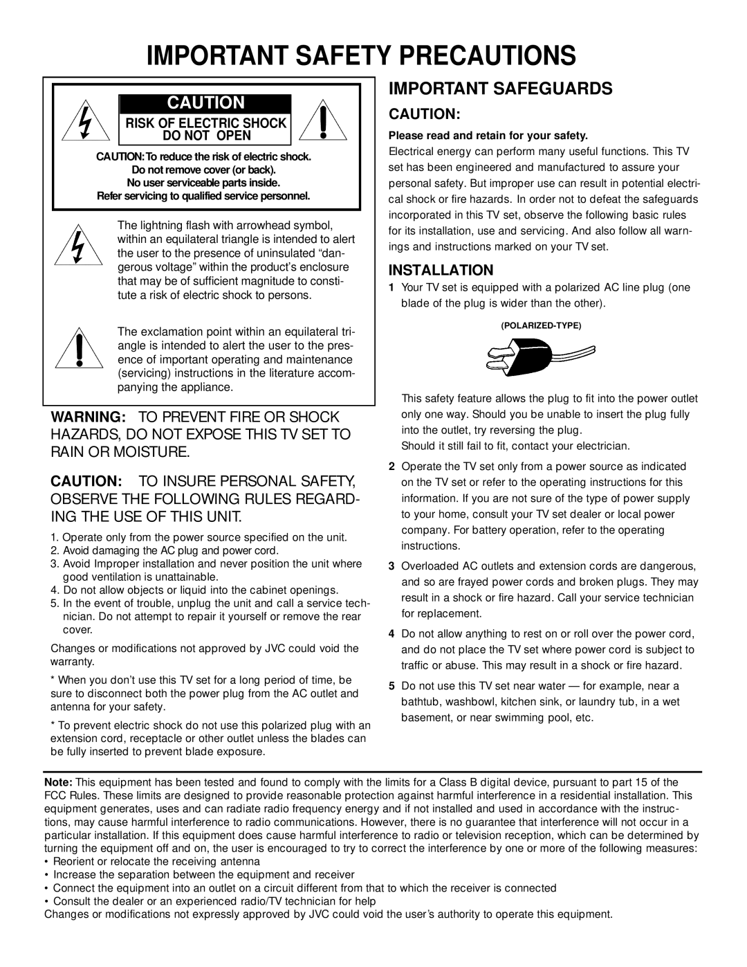 JVC AV 60D501 manual Important Safety Precautions 