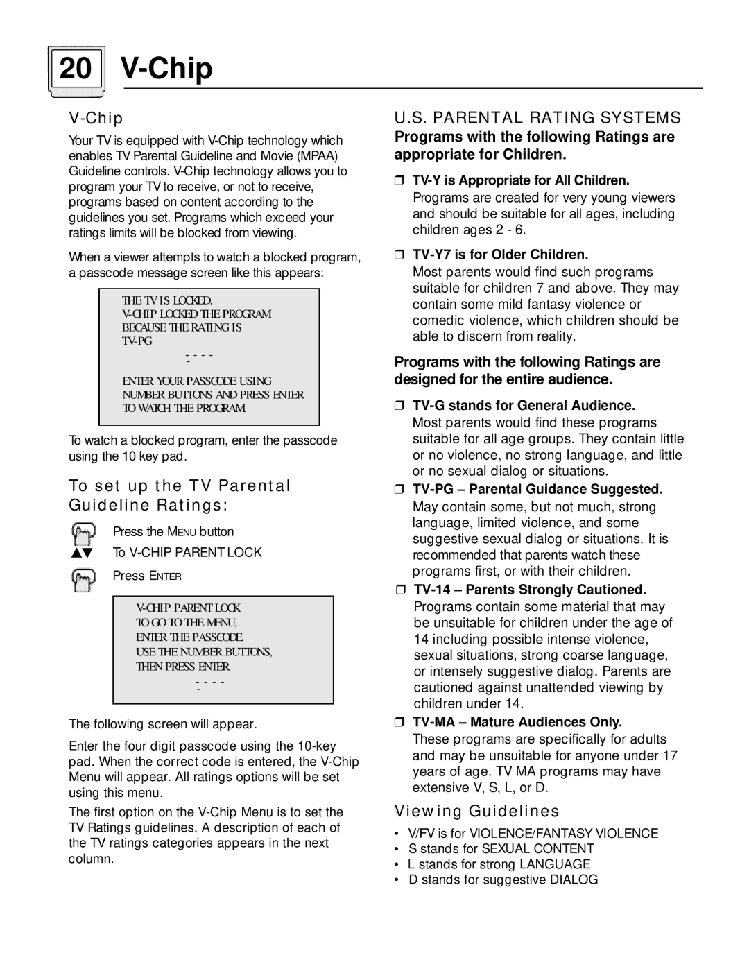 JVC AV 60D501 manual Chip, To set up the TV Parental Guideline Ratings, Viewing Guidelines 