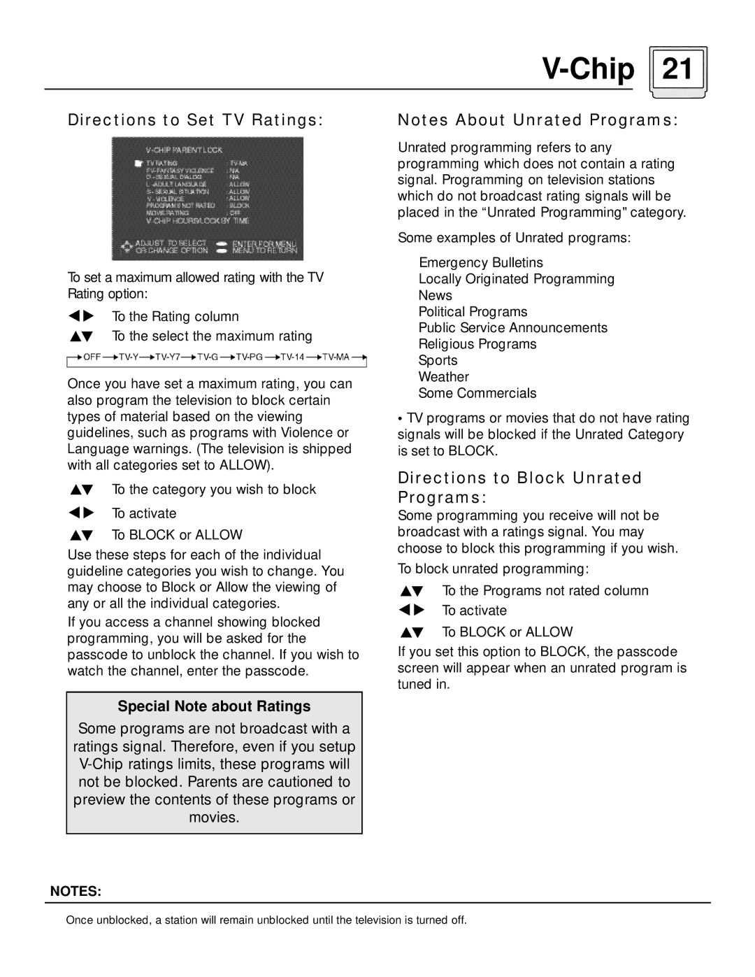 JVC AV 60D501 manual Directions to Set TV Ratings, Directions to Block Unrated Programs 