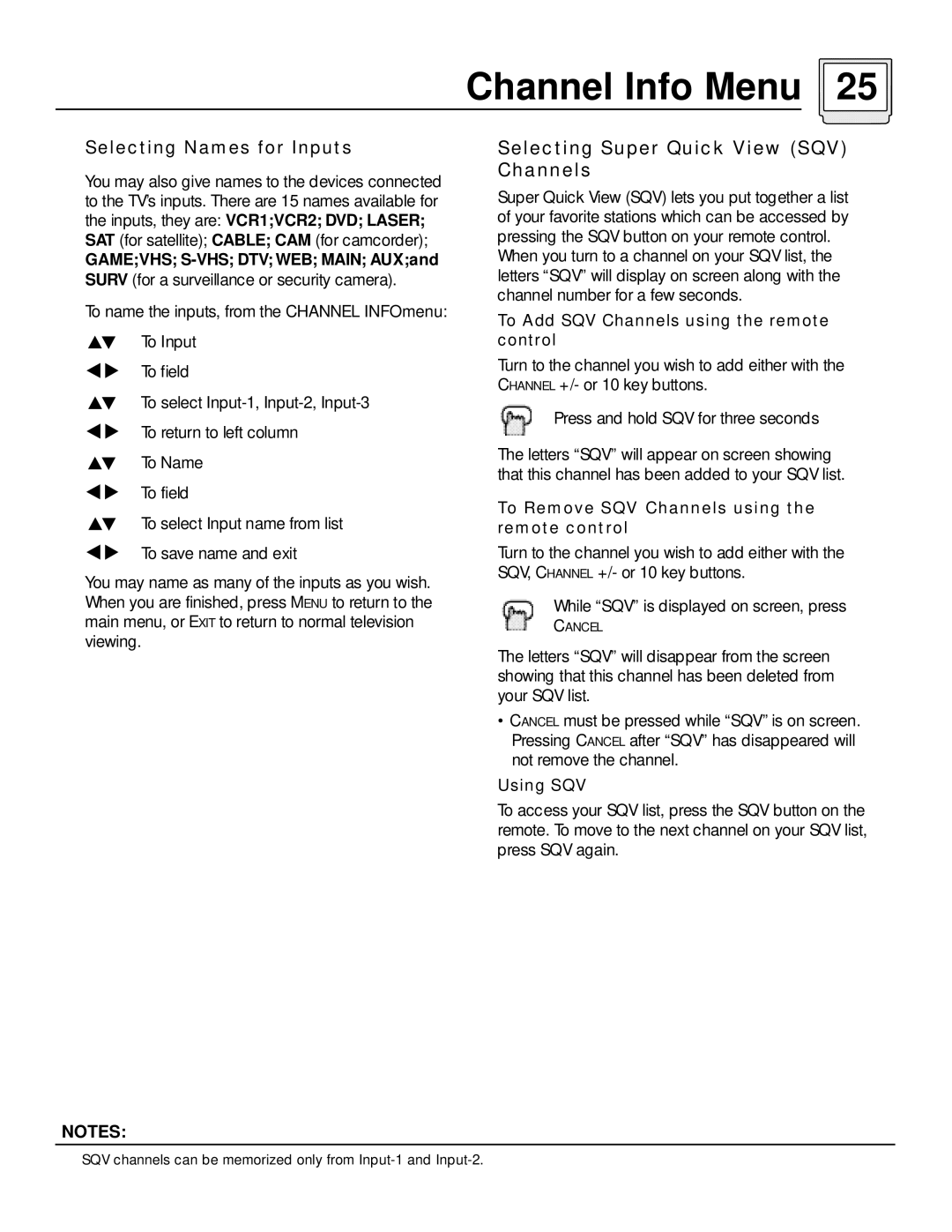 JVC AV 60D501 manual Selecting Super Quick View SQV Channels, Selecting Names for Inputs 