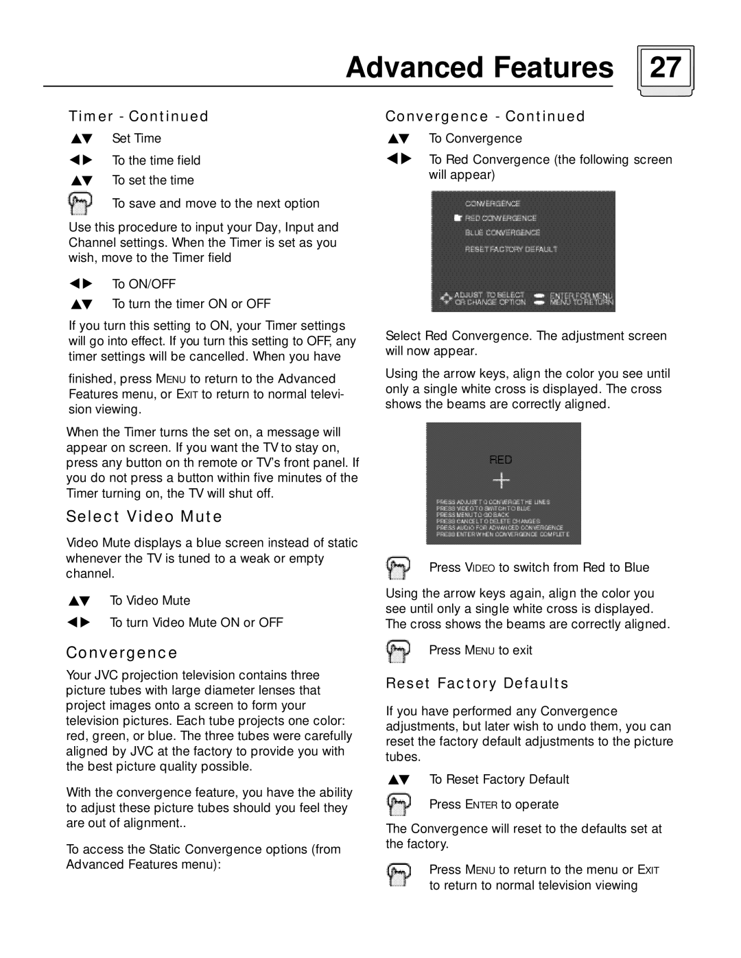 JVC AV 60D501 manual Select Video Mute, Convergence, Timer, Reset Factory Defaults 