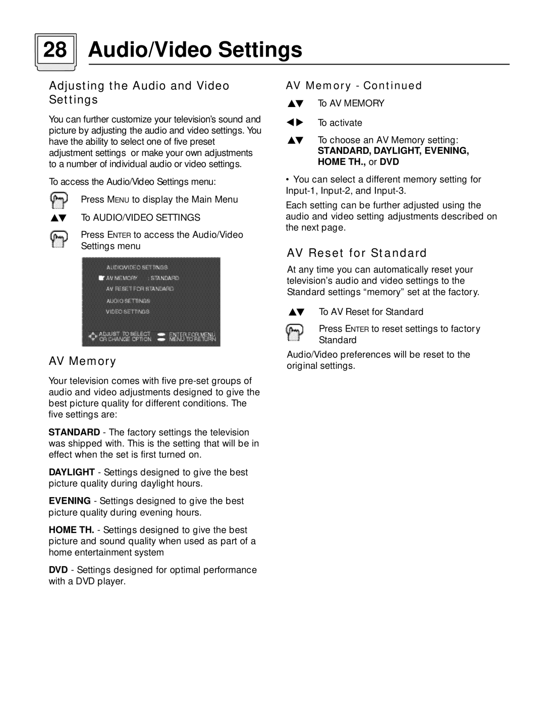 JVC AV 60D501 manual Audio/Video Settings, Adjusting the Audio and Video Settings, AV Memory, AV Reset for Standard 