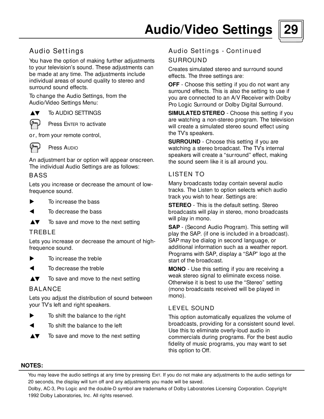 JVC AV 60D501 manual Audio Settings 