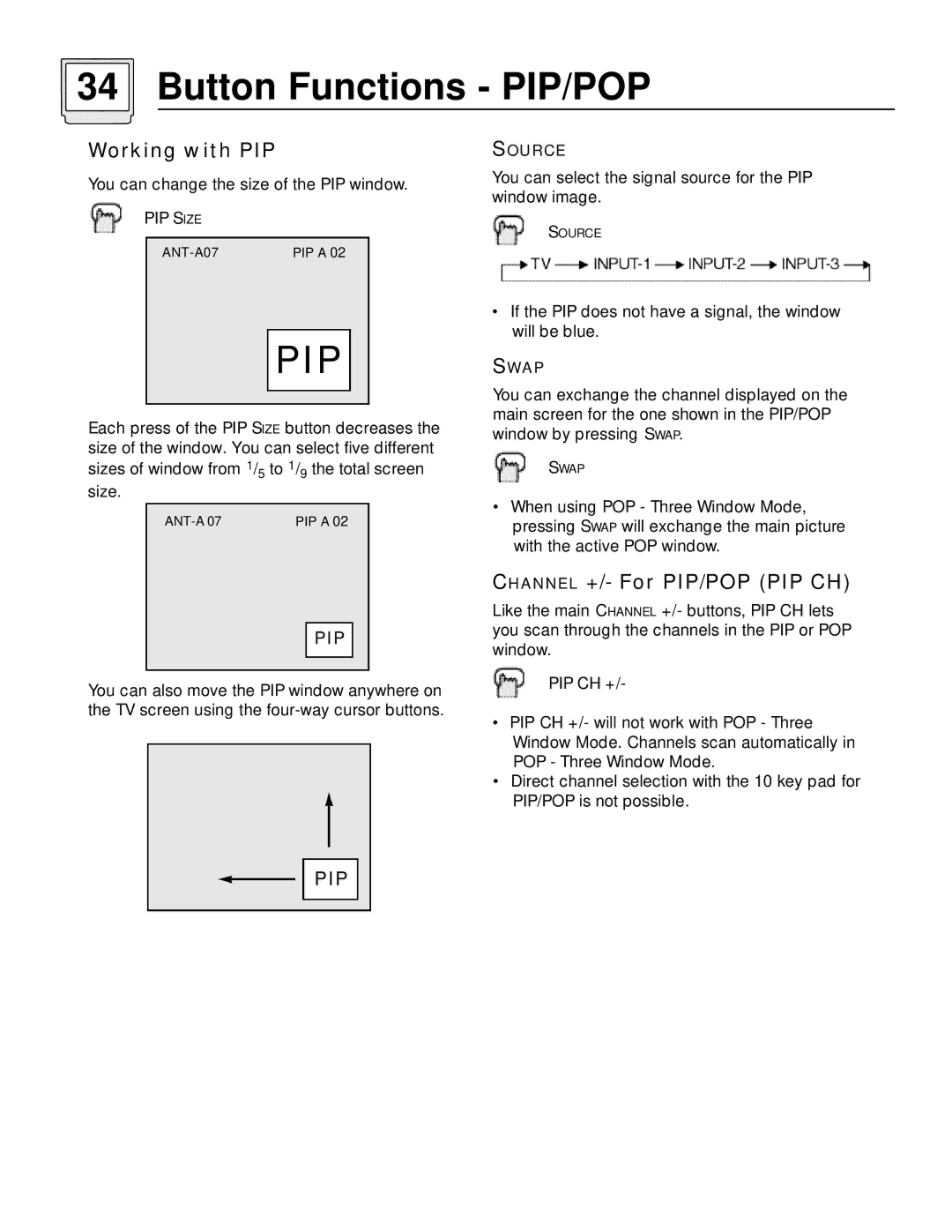 JVC AV 60D501 manual Working with PIP, Channel +/- For PIP/POP PIP CH 