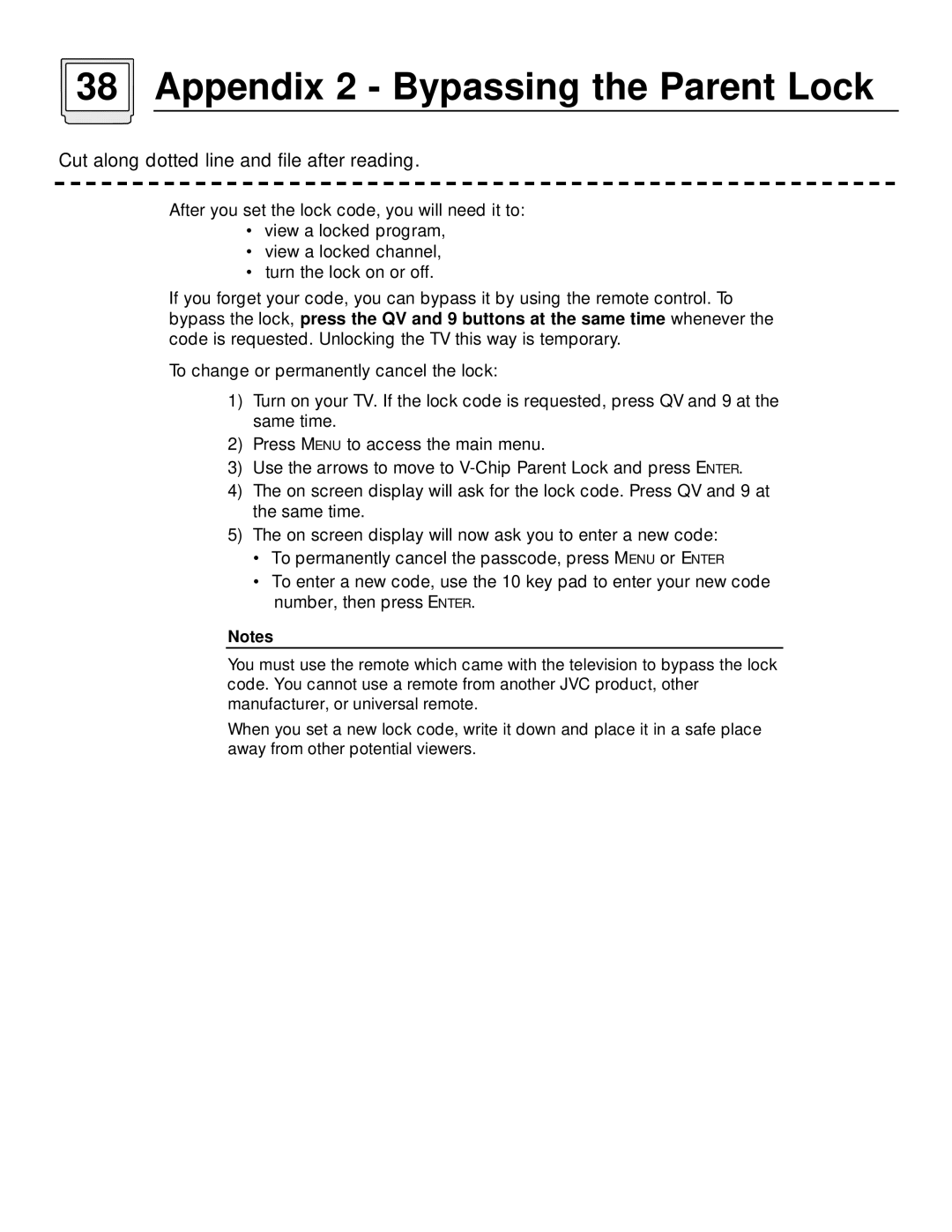 JVC AV 60D501 manual Appendix 2 Bypassing the Parent Lock, Cut along dotted line and file after reading 