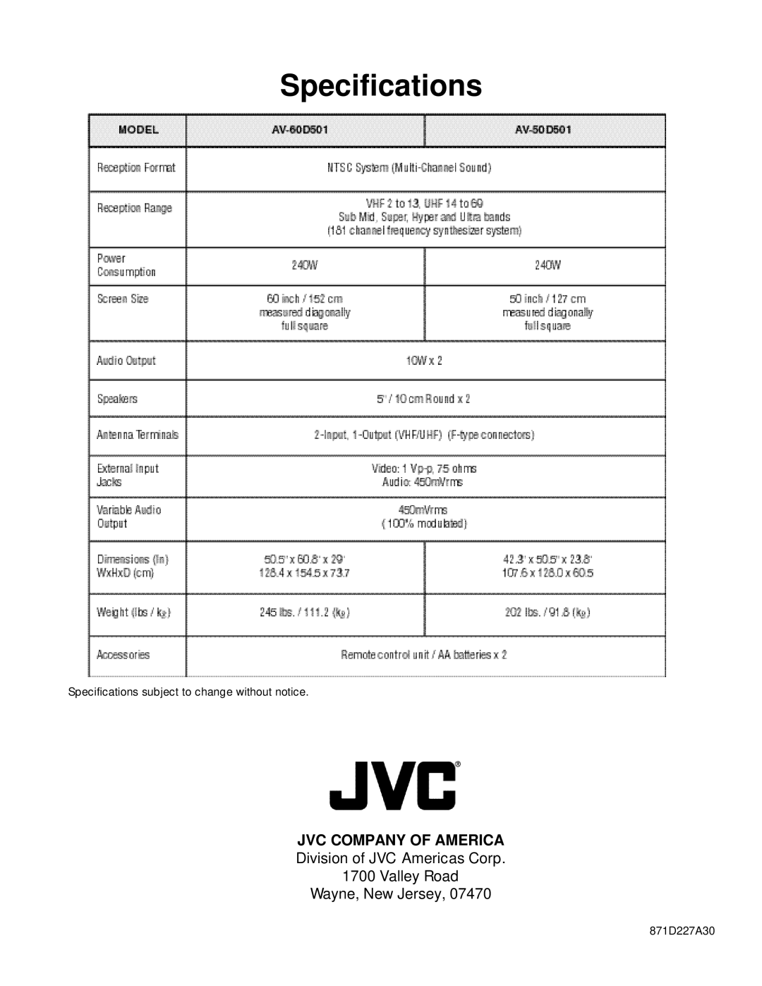 JVC AV 60D501 manual Specifications 