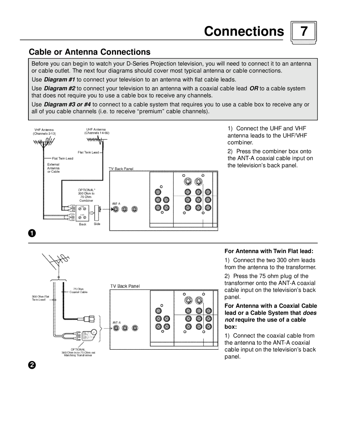 JVC AV 60D501 manual Cable or Antenna Connections 