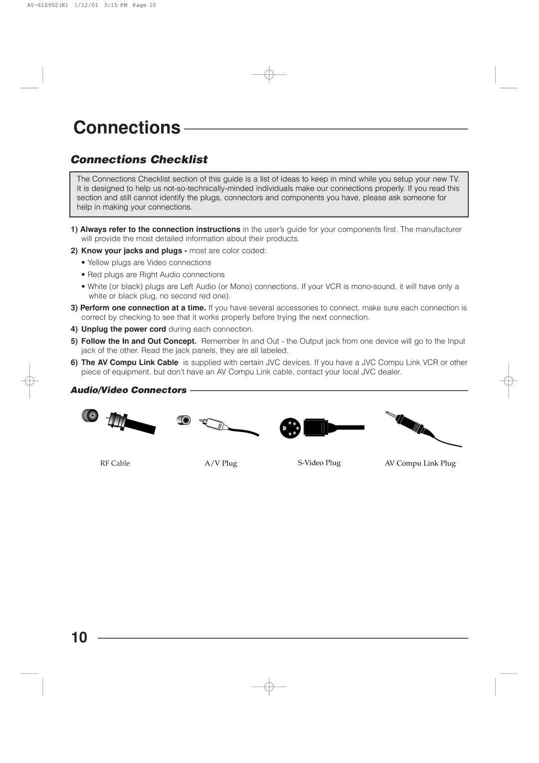 JVC AV-61S902 manual Connections Checklist, Know your jacks and plugs most are color coded 