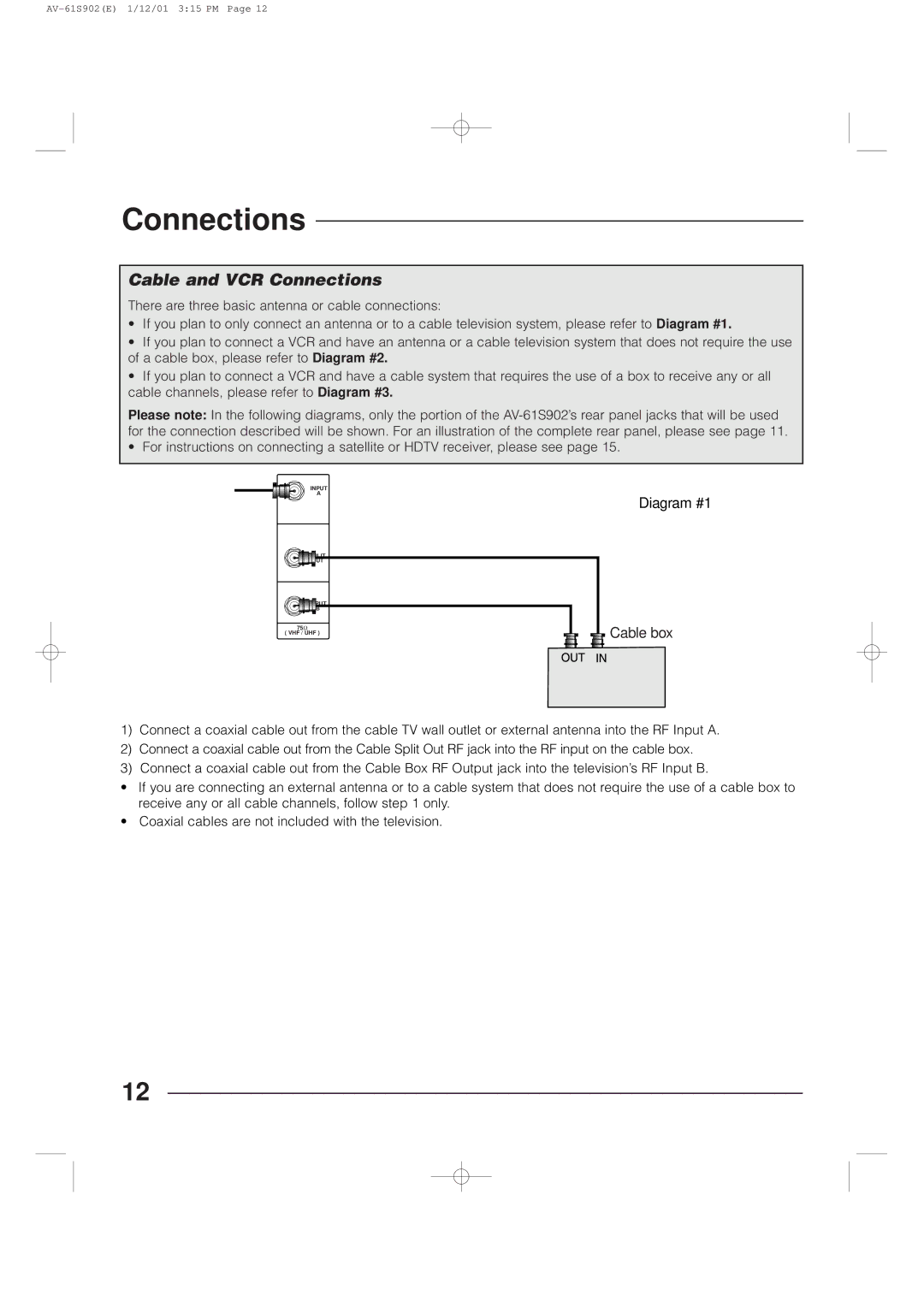 JVC AV-61S902 manual Cable and VCR Connections, Diagram #1 Cable box 