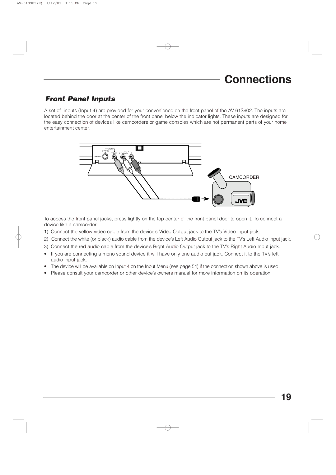 JVC AV-61S902 manual Front Panel Inputs 
